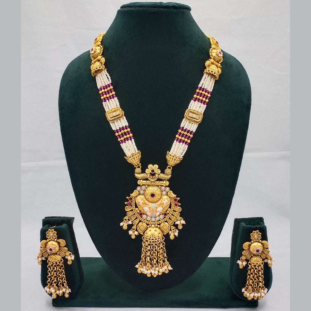 Lucentarts Jewellery Exquisite Kundan Stone and Pearl Long Necklace Set With Meenakari Work