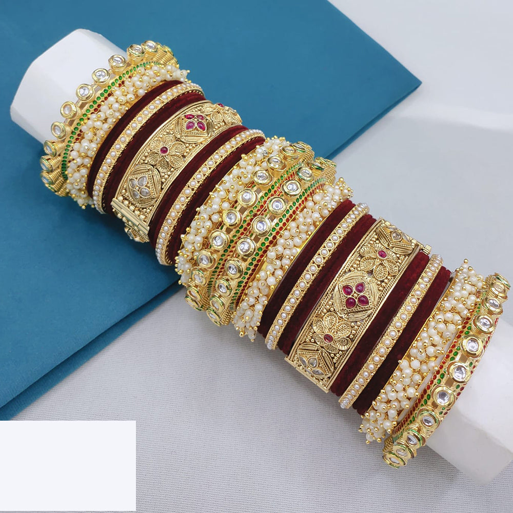 Lucentarts Jewellery Regal Finish Pota Kundan And Pearl Bridal Bangles Set