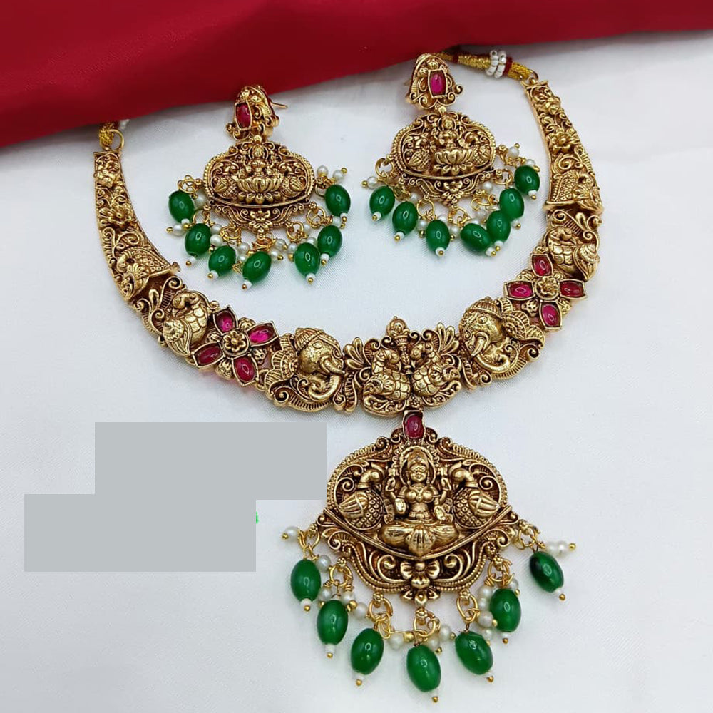 Lucentarts Jewellery Heritage Pota Stone and Beads Temple Necklace Set