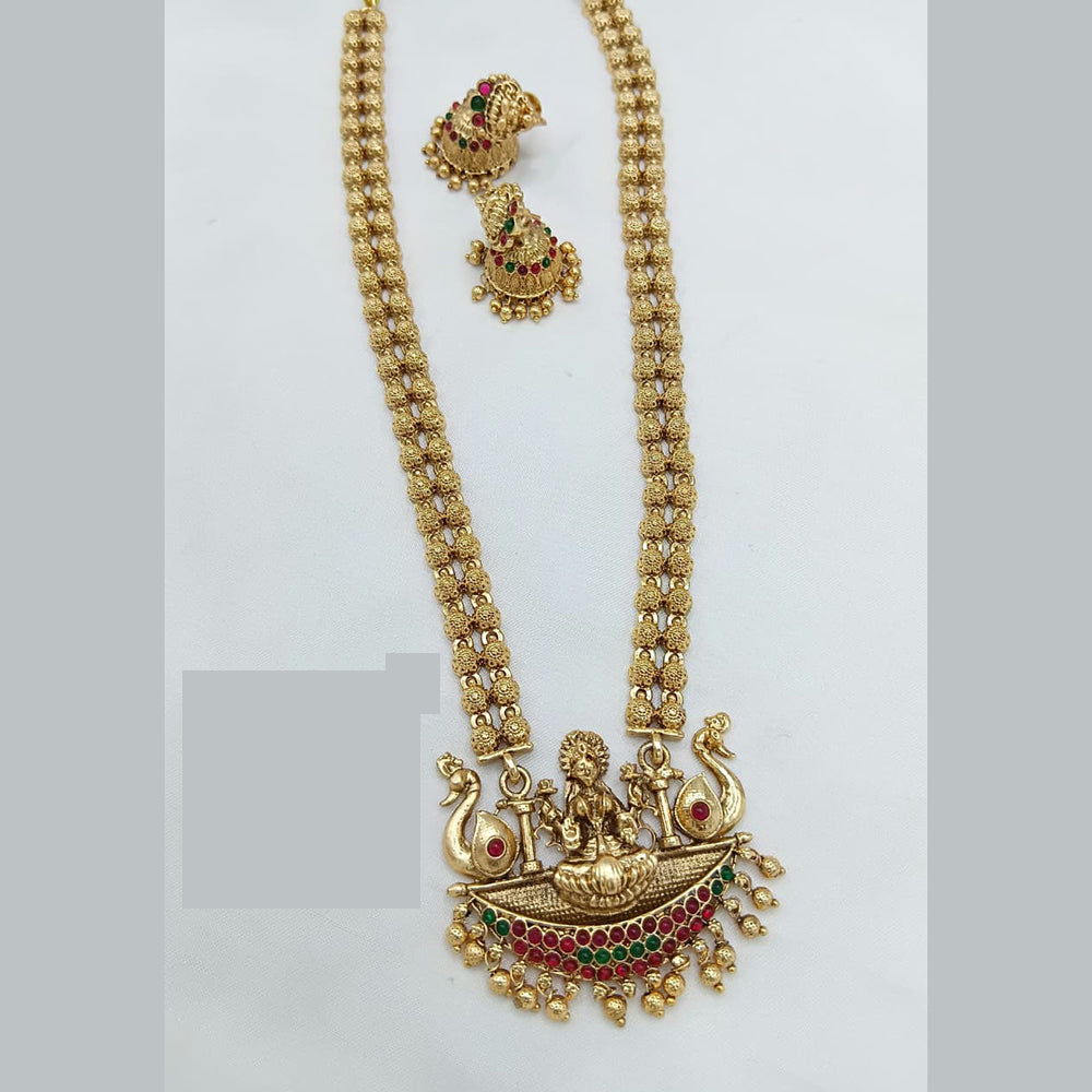 Lucentarts Jewellery Antique Gold Finish Long Temple Necklace Set with Earrings