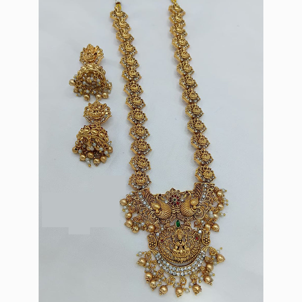 Lucentarts Jewellery Antique Gold Finish Long Temple Necklace Set with Earrings