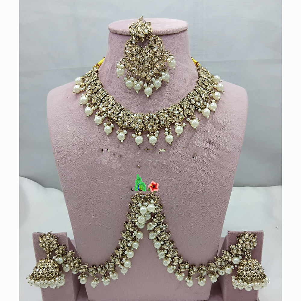 Lucentarts Jewellery Austrian Stone And Pearl Beads Choker Necklace Set with Kan Chain