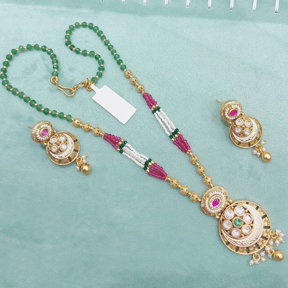 Lucentarts Jewellery Heritage Pota Stone And Pearl Meenakari Long Necklace Set