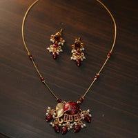 Lucentarts Jewellery Meenakari And Pota Stone And Pearl Necklace Set With Elephant Motif