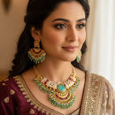 Lucentarts Jewellery Elegante Meenakari Pota Stone And Pearl Choker Necklace Set With Flower And Elephant Motifs