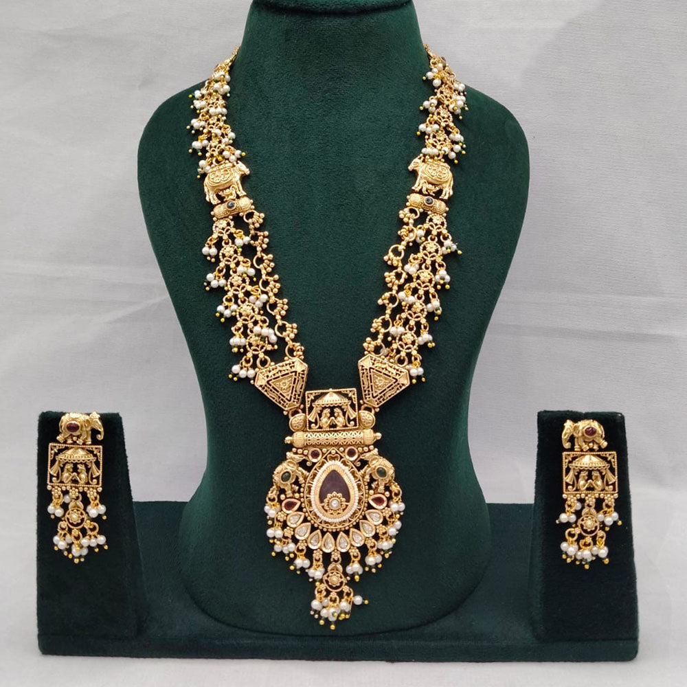 Lucentarts Jewellery Aavahan Pota Stone And Pearl Necklace Set With Elephant Motifs