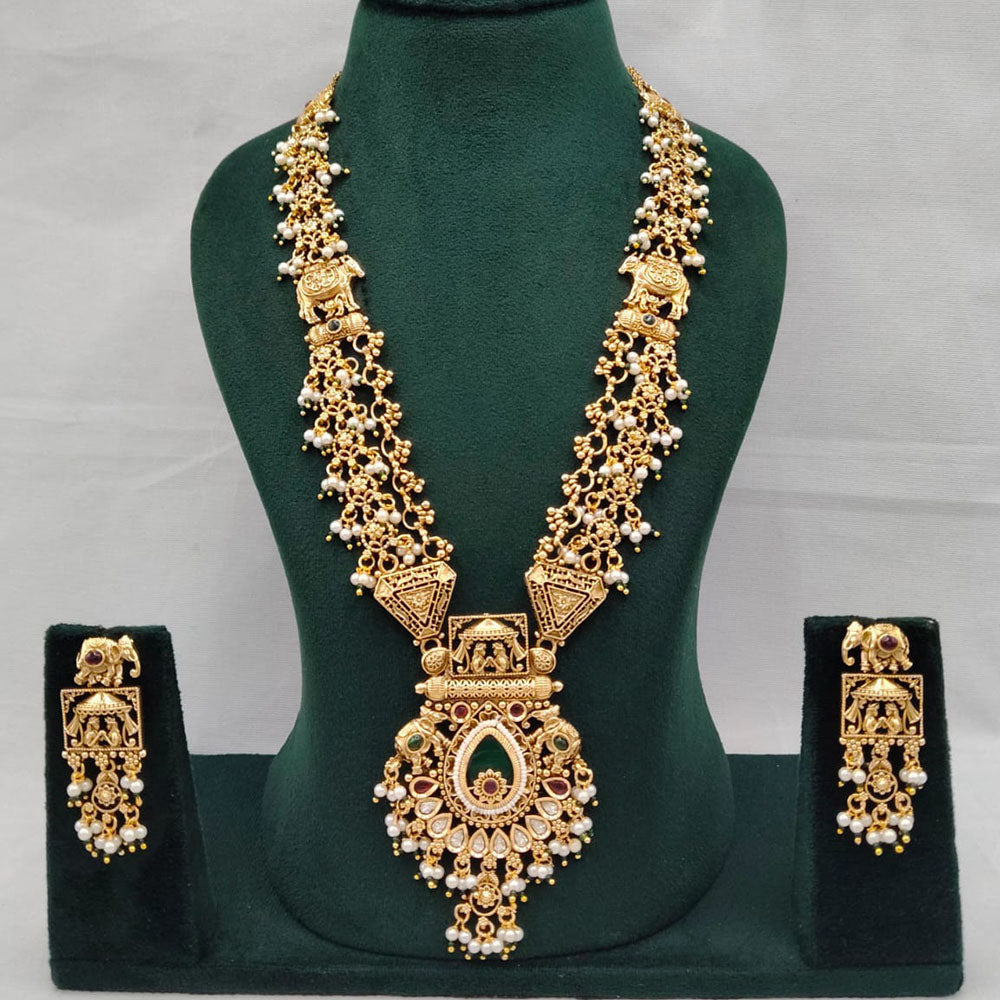 Lucentarts Jewellery Aavahan Pota Stone And Pearl Necklace Set With Elephant Motifs