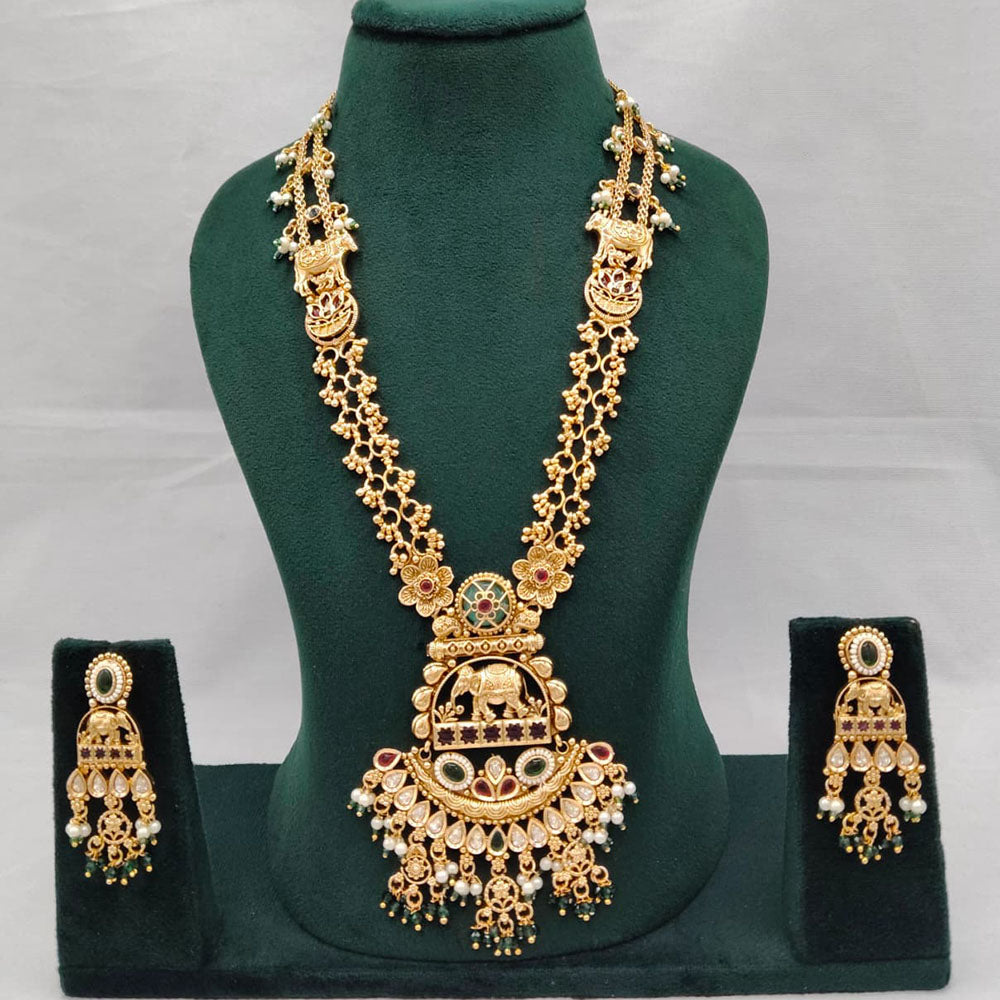 Lucentarts Jewellery Aavahan Pota Stone And Pearl Long Necklace Set With Elephant And Flower Motifs