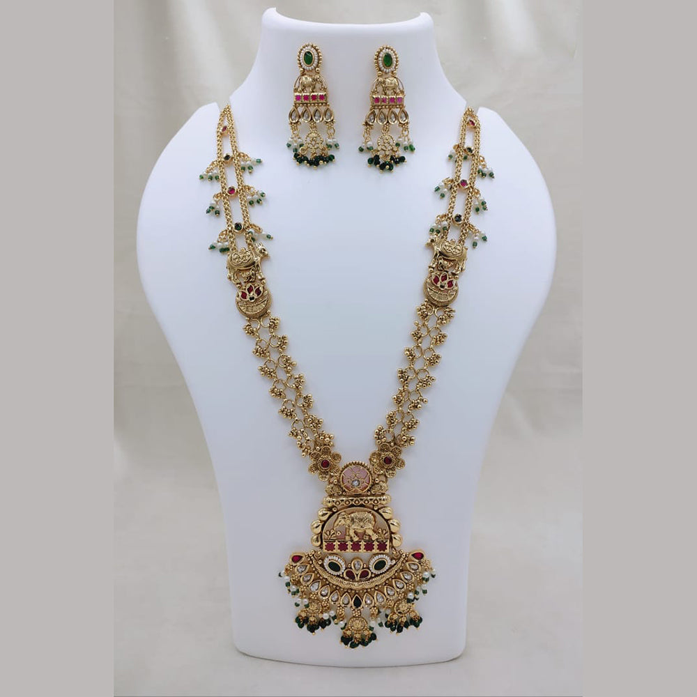 Lucentarts Jewellery Elegant Ethnic Pota Stone And Pearl Designer Long Necklace Set With Elephant Motifs