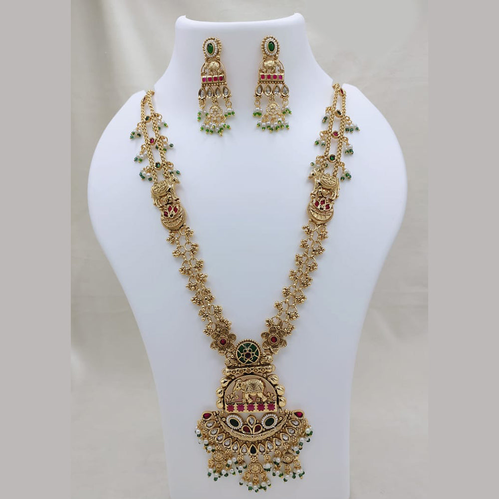 Lucentarts Jewellery Elegant Ethnic Pota Stone And Pearl Designer Long Necklace Set With Elephant Motifs
