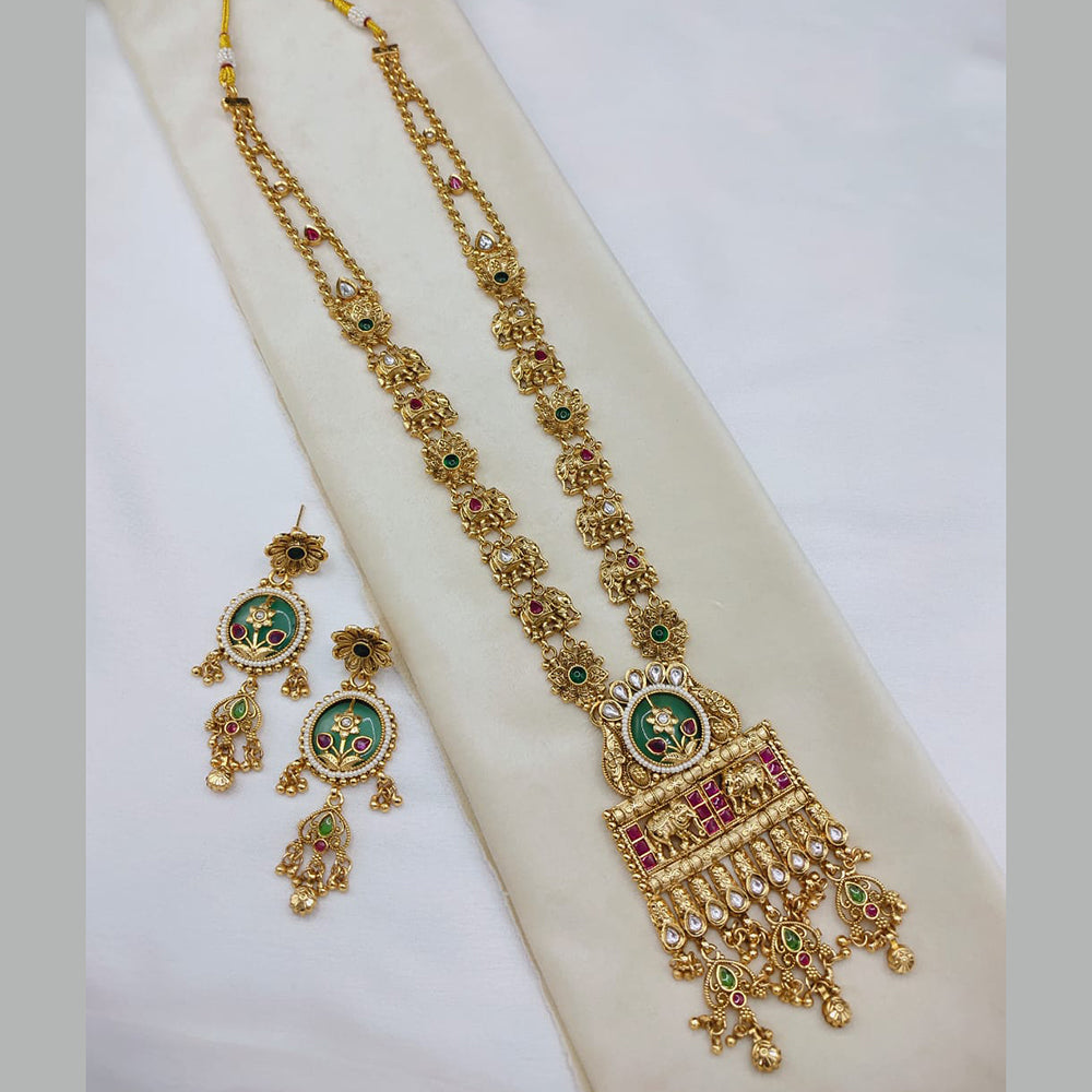 Lucentarts Jewellery Elegant Ethnic Pota Stone And Pearl Designer Long Necklace Set With Elephant Motifs