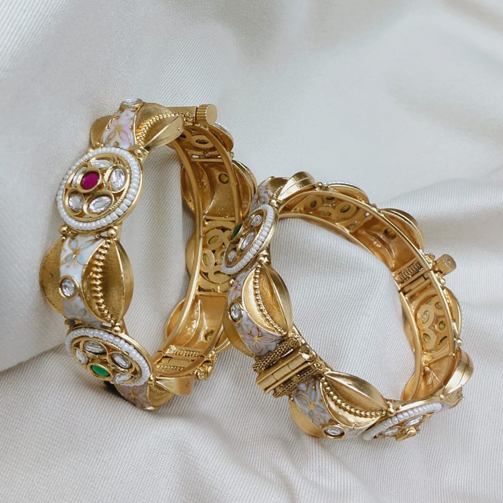 Lucentarts Jewellery Designer Pota Stone And Pearl Meenakari Openable Bangles Set
