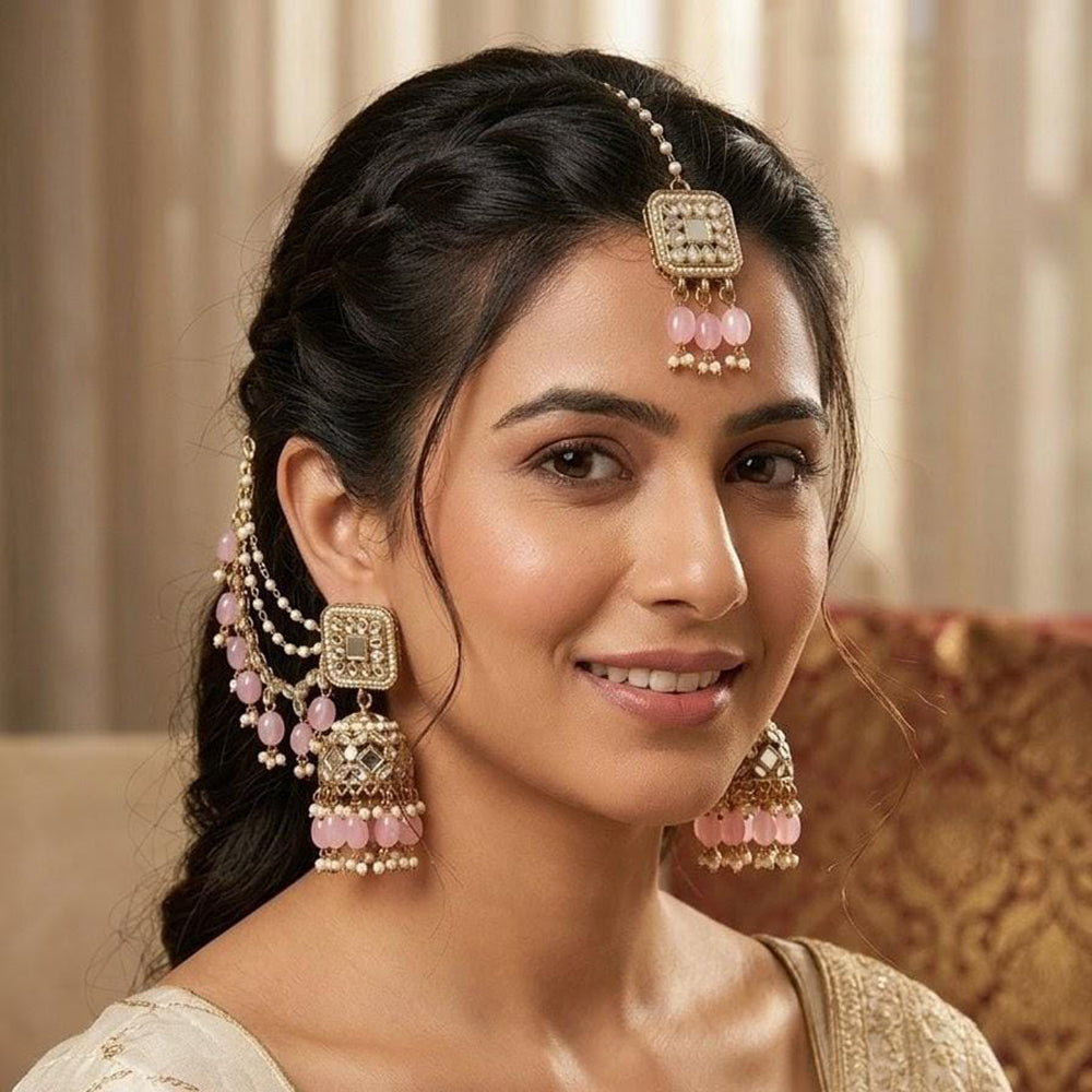 Lucentarts Jewellery Elegant Mirror Pearl And Beads Jhumki Earrings With Maangtikka