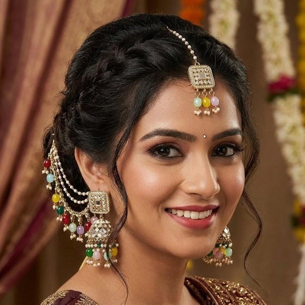 Lucentarts Jewellery Elegant Mirror Pearl And Beads Jhumki Earrings With Maangtikka