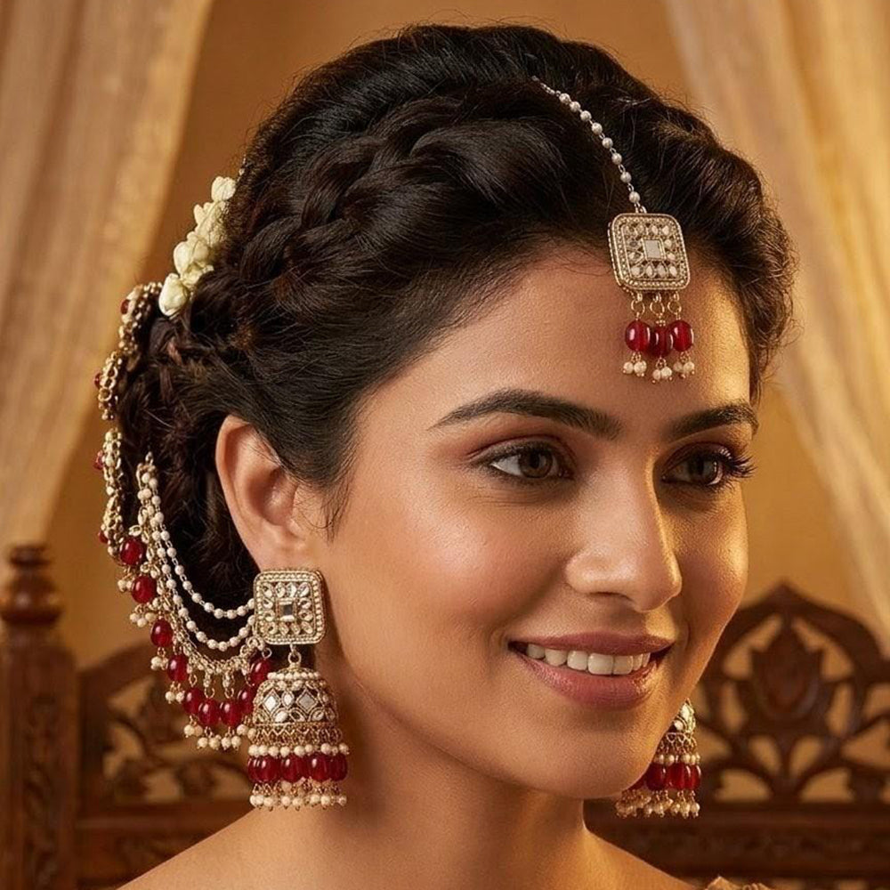 Lucentarts Jewellery Elegant Mirror Pearl And Beads Jhumki Earrings With Maangtikka