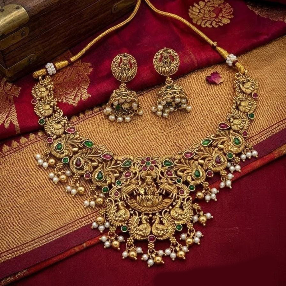 Lucentarts Jewellery Traditional Pota Stone And Pearl Temple Necklace Set