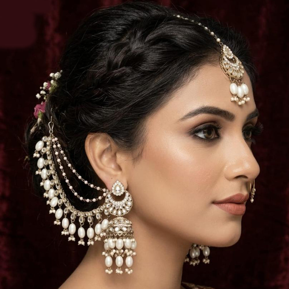 Lucentarts Jewellery Premium Kundan Stone And Pearl Jhumki Earrings With Kanchain