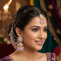 Lucentarts Jewellery Elegant Kundan Stone  And Beads Jhumki Earrings With Maangtikka