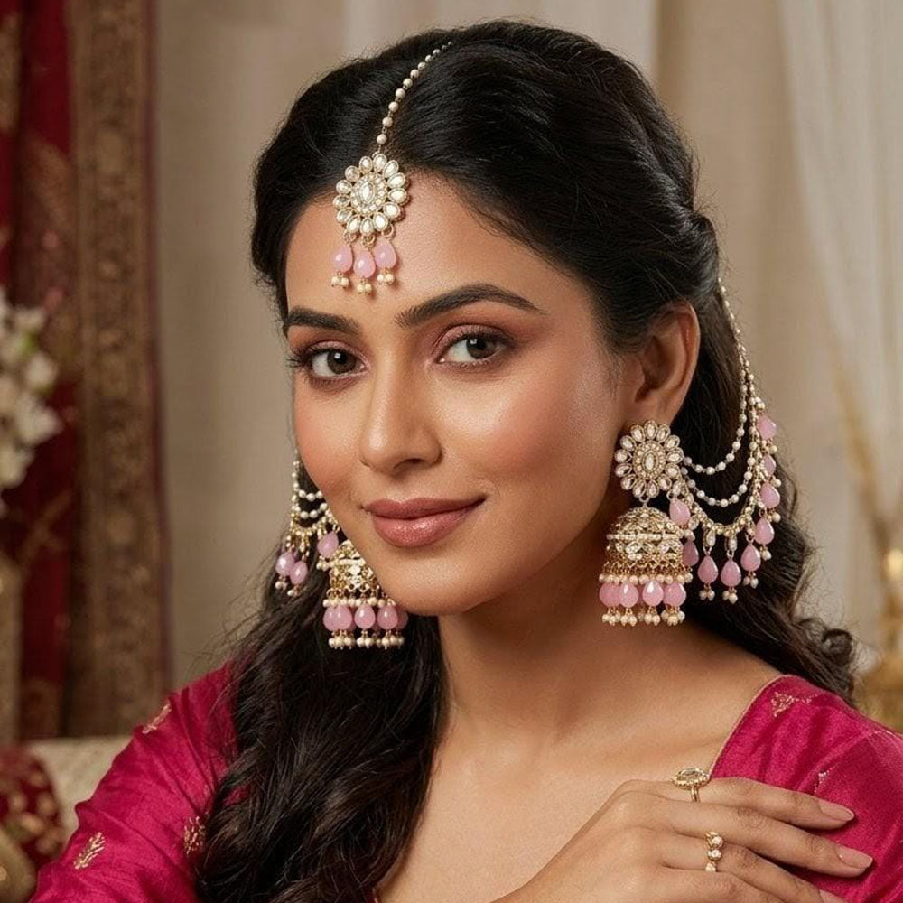 Lucentarts Jewellery Elegant Kundan Stone  And Beads Jhumki Earrings With Maangtikka