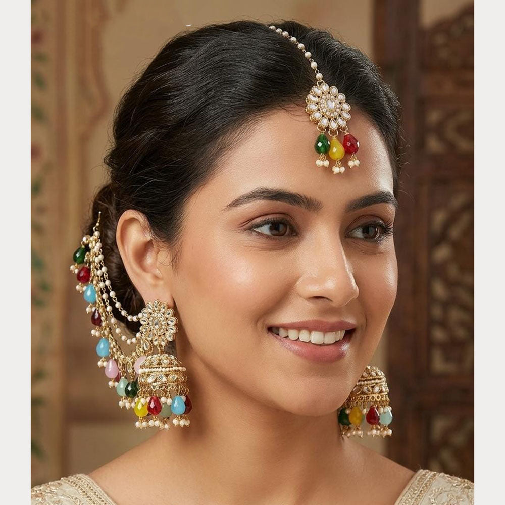 Lucentarts Jewellery Elegant Kundan Stone  And Beads Jhumki Earrings With Maangtikka