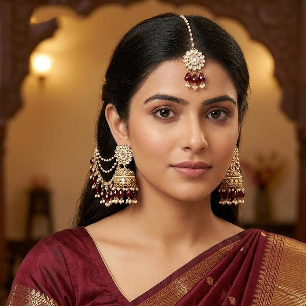 Lucentarts Jewellery Elegant Kundan Stone  And Beads Jhumki Earrings With Maangtikka