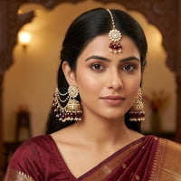 Lucentarts Jewellery Elegant Kundan Stone  And Beads Jhumki Earrings With Maangtikka