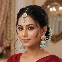 Lucentarts Jewellery Elegant Kundan Stone  And Beads Jhumki Earrings With Maangtikka