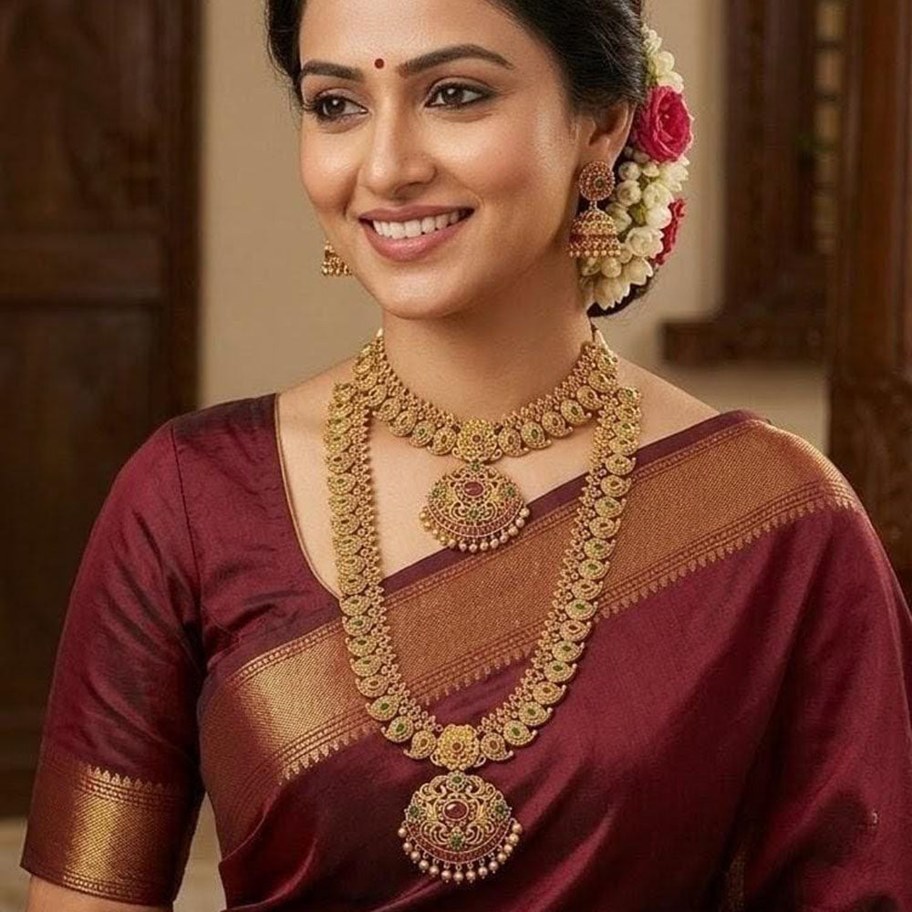 Lucentarts Jewellery Designer Pota Stone And Pearl Double Necklace Set