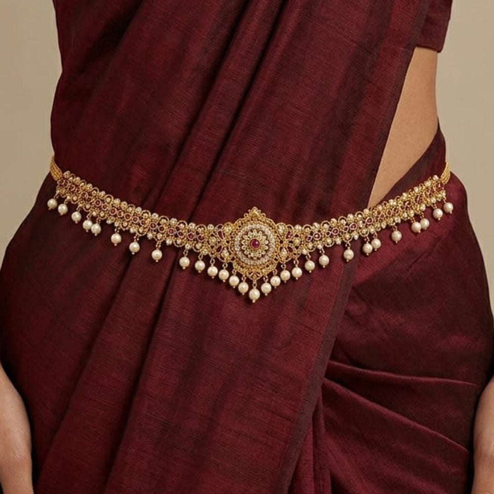 Lucentarts Jewellery Traditional Pota Stone And Pearl Kamarband for Bridal & Festive Wear