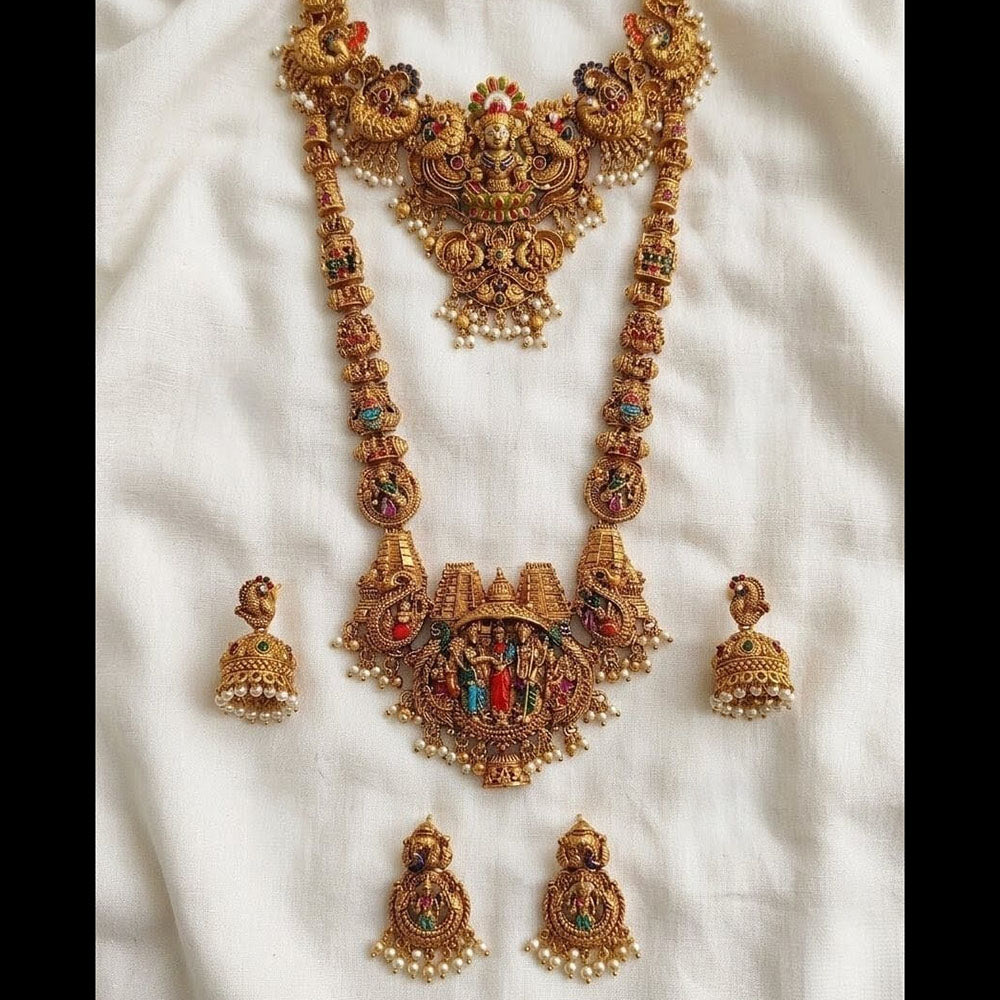 Lucentarts Jewellery Royal Look Pota Stone And Pearl Temple Double Necklace Set