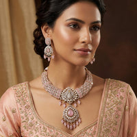 Lucentarts Jewellery Pota Stone Crystal Stone Pearl And Beads Peacock Style Choker Necklace Set