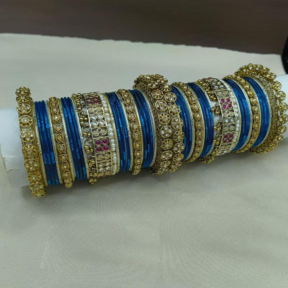 Lucentarts Jewellery Gold Plated Crystal Stone Pearl Bangles Set