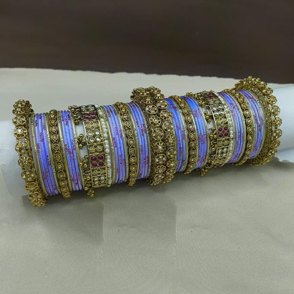 Lucentarts Jewellery Gold Plated Crystal Stone Pearl Bangles Set