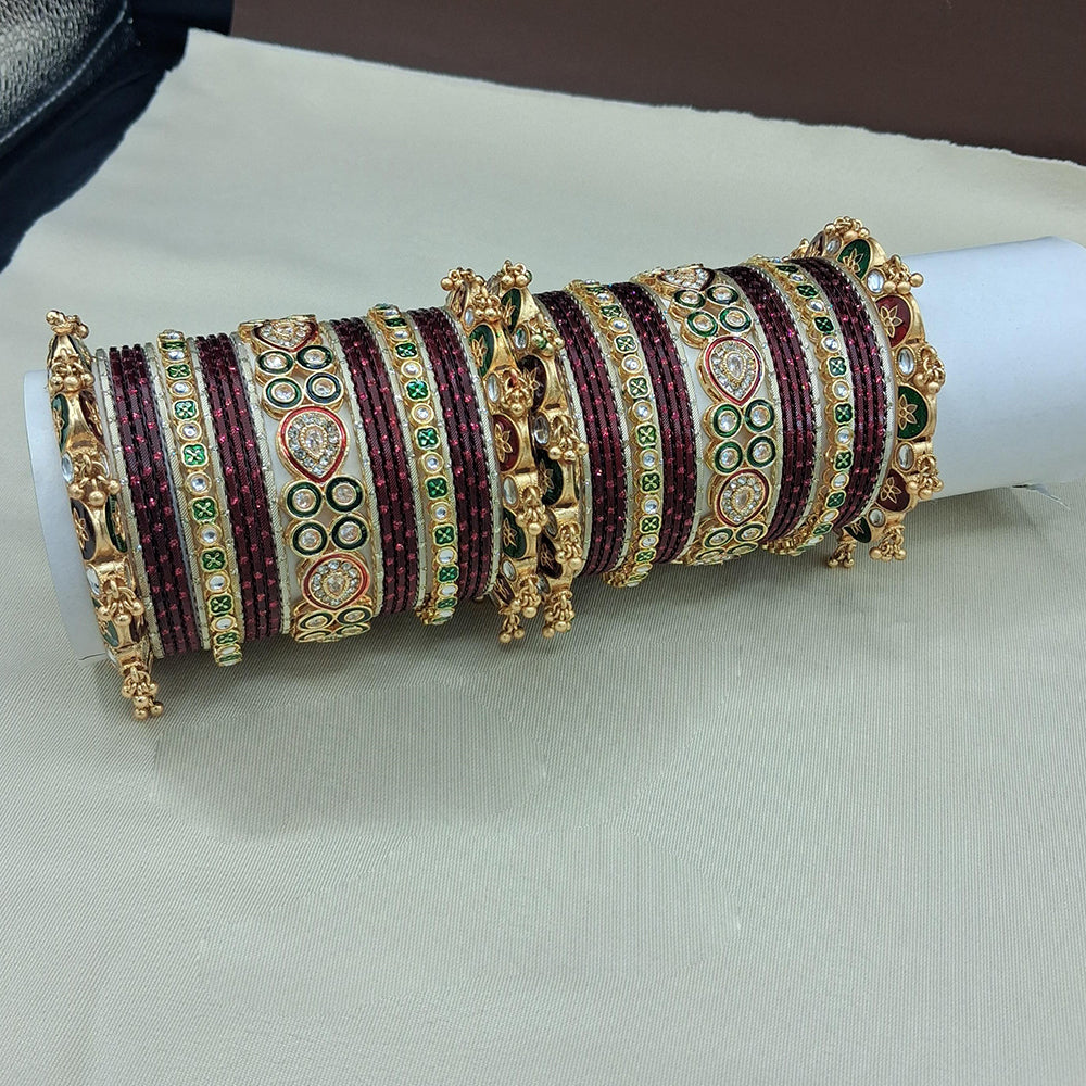 Lucentarts Jewellery Gold Plated Crystal Stone And Pearl Meenakari Bangles Set