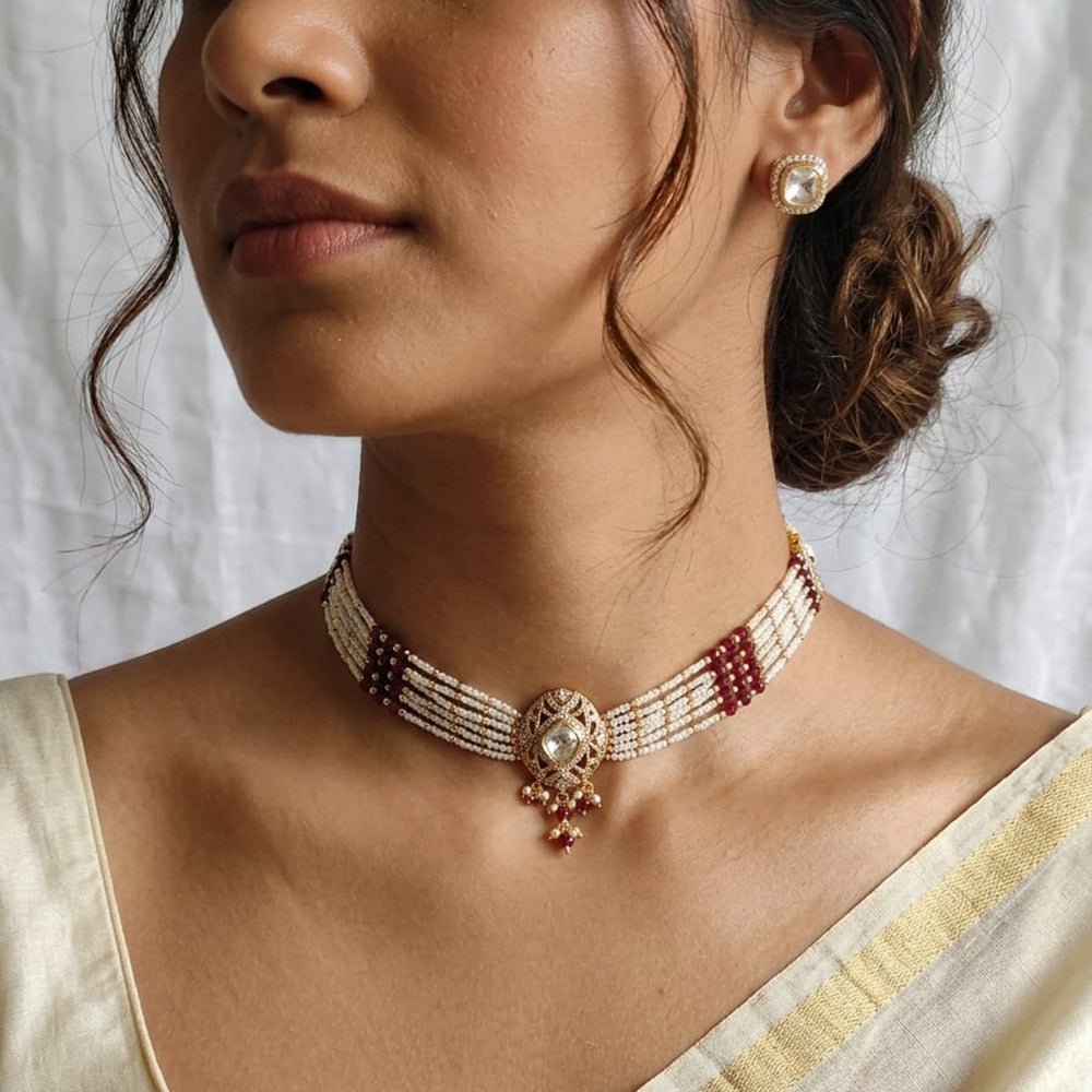 Lucentarts Jewellery Designer Polki Kundan Stone Pearl And Beads Choker Necklace Set