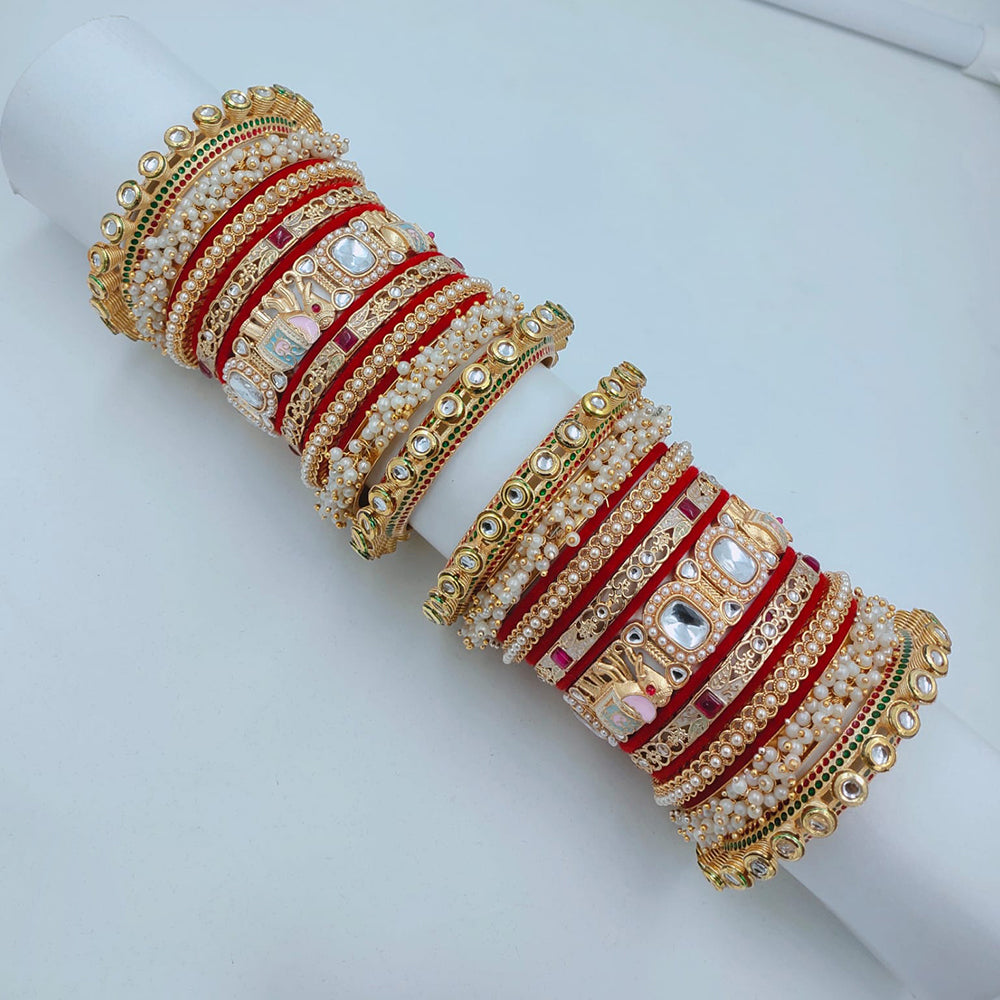 Lucentarts Jewellery Sparkling Kundan Stone And Meenakari Velvet Chuda Bangles Set