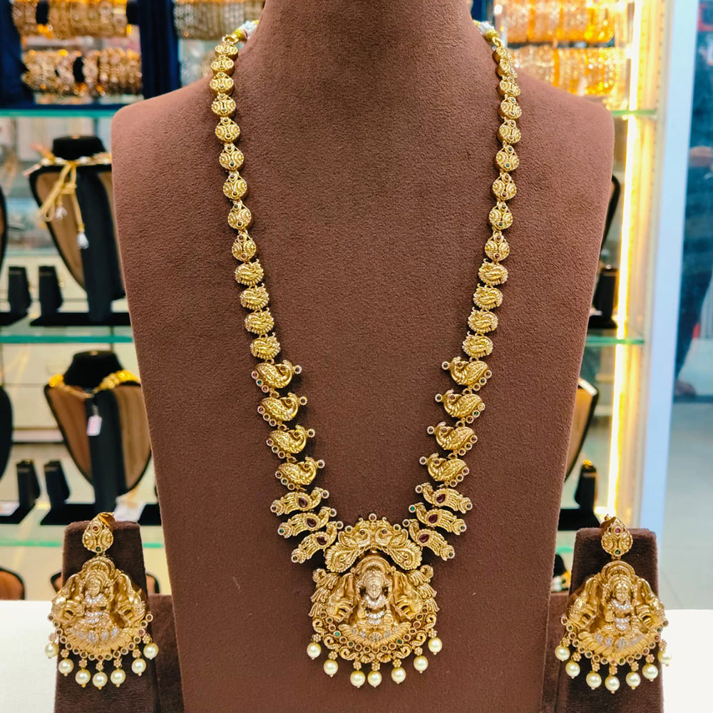 Lucentarts Jewellery Premium Pota Stone And Pearl Temple Long Necklace Set