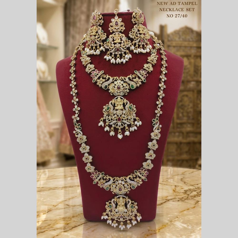 Lucentarts Jewellery Traditional American Diamond Double Layer Necklace Earring Set Matching Maang Tikka