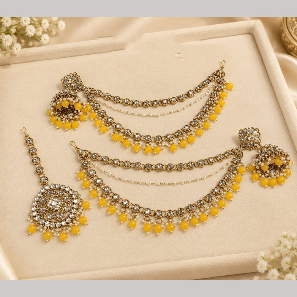 Lucentarts Jewellery Elegant Kundan Stone And Beads Jhumki Earrings With Maangtikka