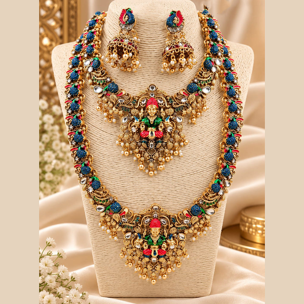 Lucentarts Jewellery Elegant Kundan Stone And Pearl Temple Double Necklace Set