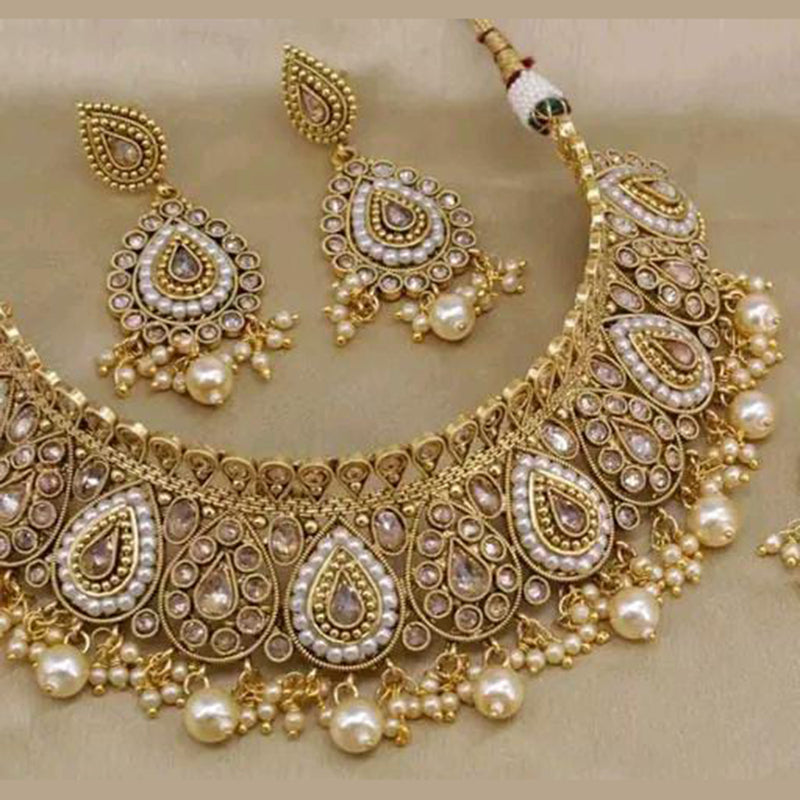 Sai Fashion Gold Plated Crystal Stone And Pearl Choker Necklace Set