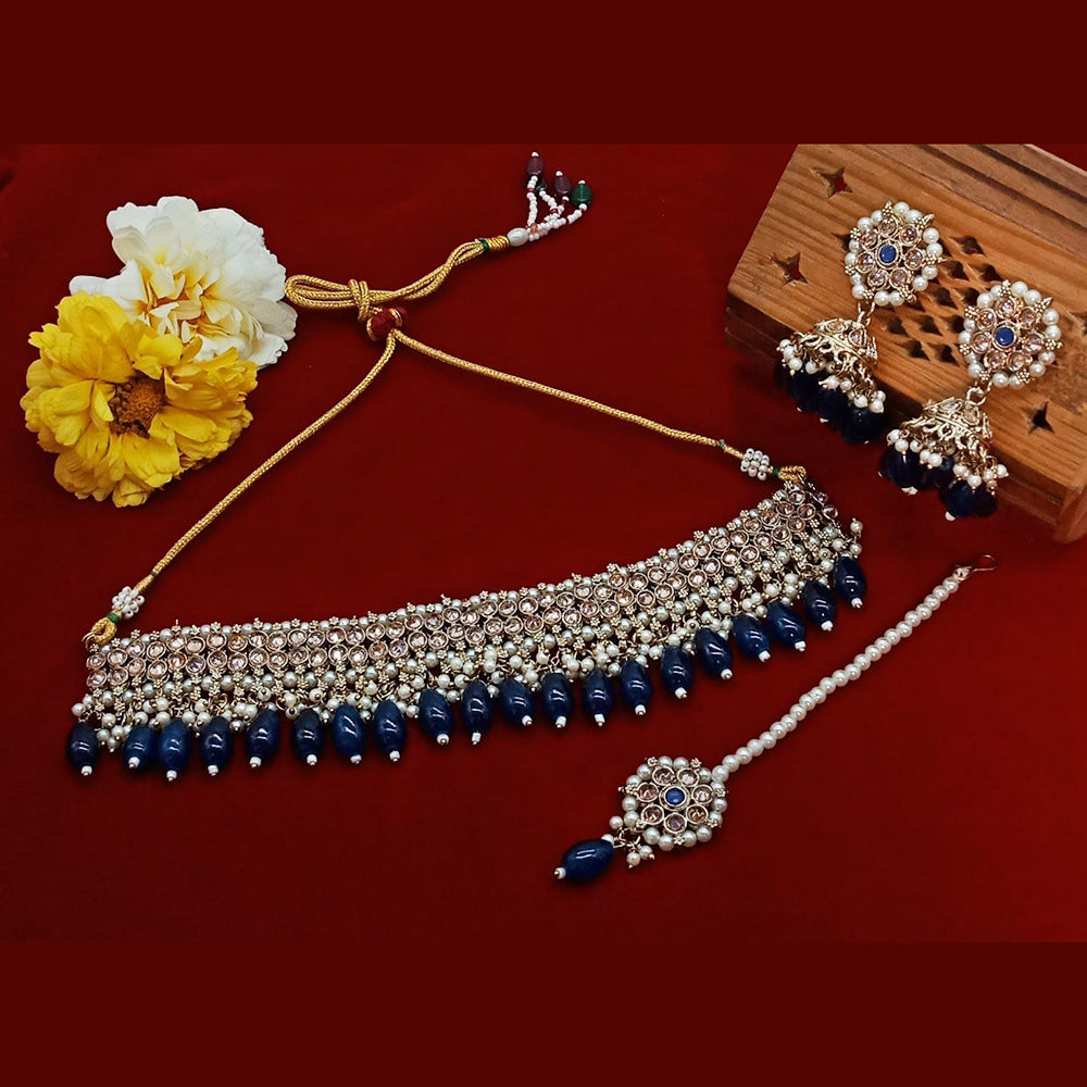 Sai Fashion Gold Plated Crystal Stone And Beads Choker Necklace Set