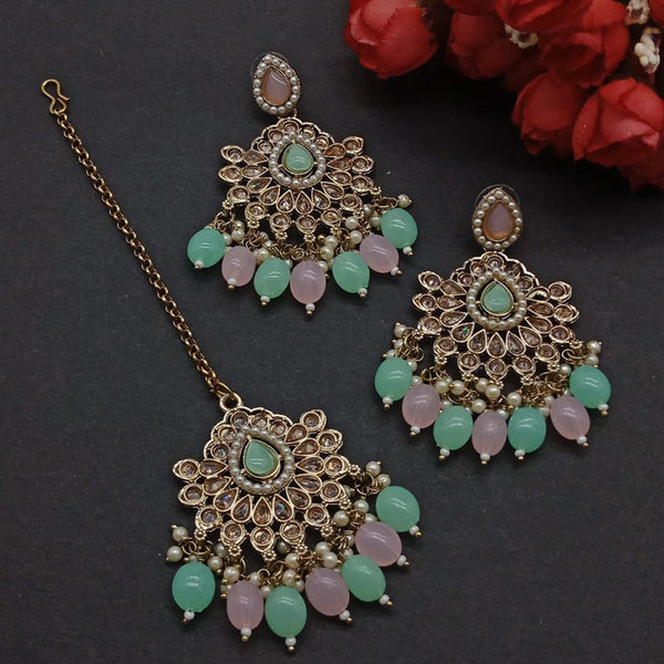 Sai Fashion Gold Plated Crystal Stone Dangler Earrings With Maangtikka