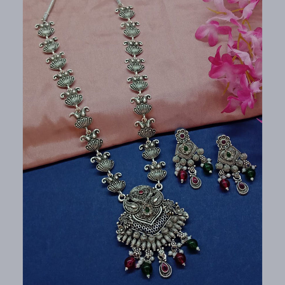 Sai Fashion Oxidised Plated Pota Stone Long Necklace Set