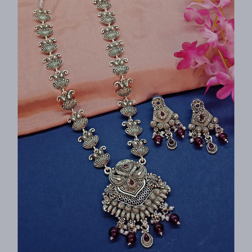 Sai Fashion Oxidised Plated Pota Stone Long Necklace Set