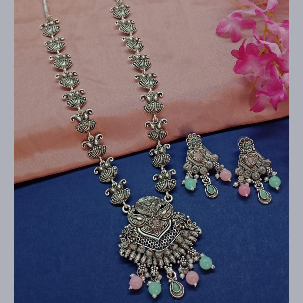 Sai Fashion Oxidised Plated Pota Stone Long Necklace Set