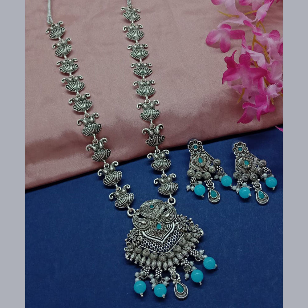 Sai Fashion Oxidised Plated Pota Stone Long Necklace Set