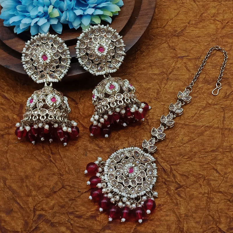 Sai Fashion Gold Plated Crystal Stone And Pearls Jhumki With Maangtika