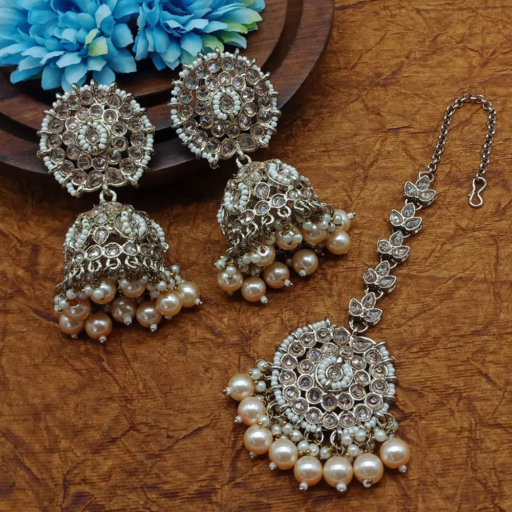 Sai Fashion Gold Plated Crystal Stone And Pearls Jhumki With Maangtika