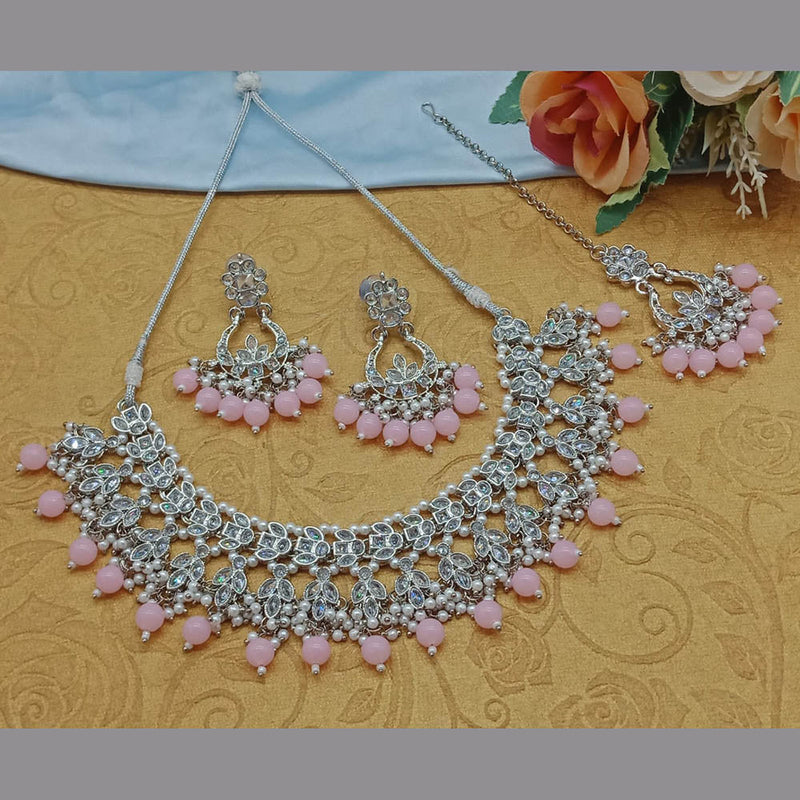 Sai Fashion Silver Plated Crystal Stone And Pearls Necklace Set